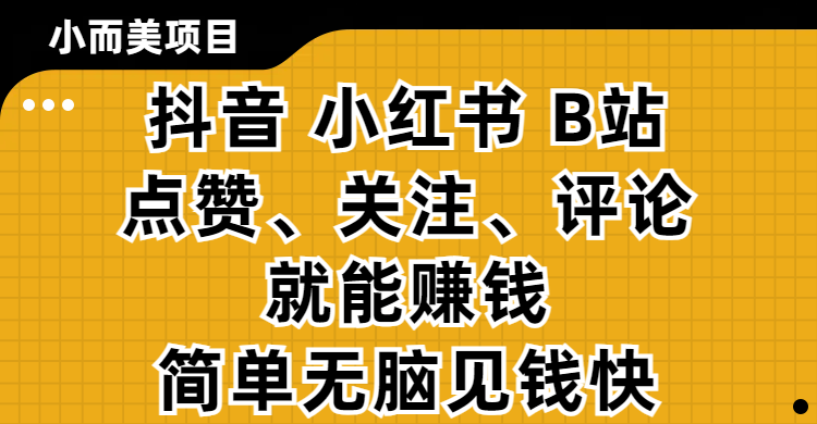 小而美的项目，抖音、小红书、B站视频点赞、关注、评论就能赚钱，简单无脑立见收益！妥妥的零撸项目-凤来社资源库