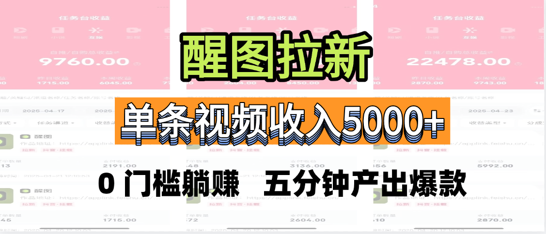 醒图拉新，0 门槛躺赚，五分钟产出爆款，单条视频收入5000+-凤来社资源库