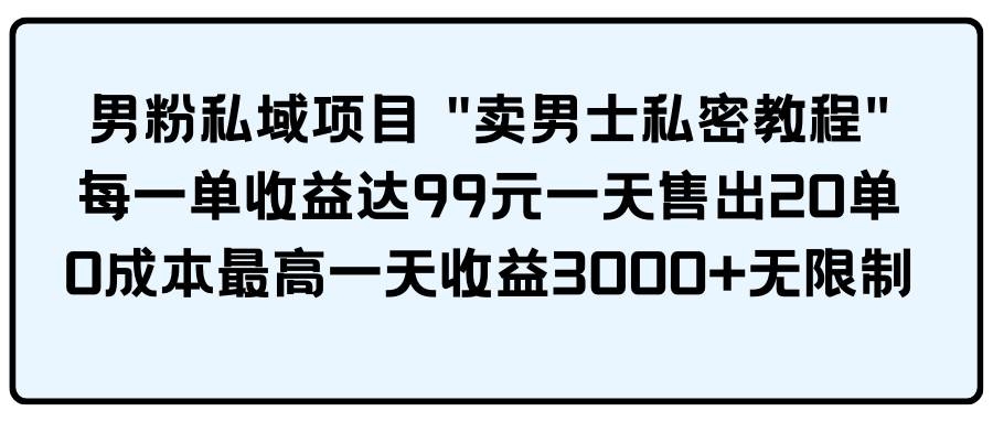 男粉私域项目 卖男士私密教程 每一单收益达99元一天售出20单-凤来社资源库