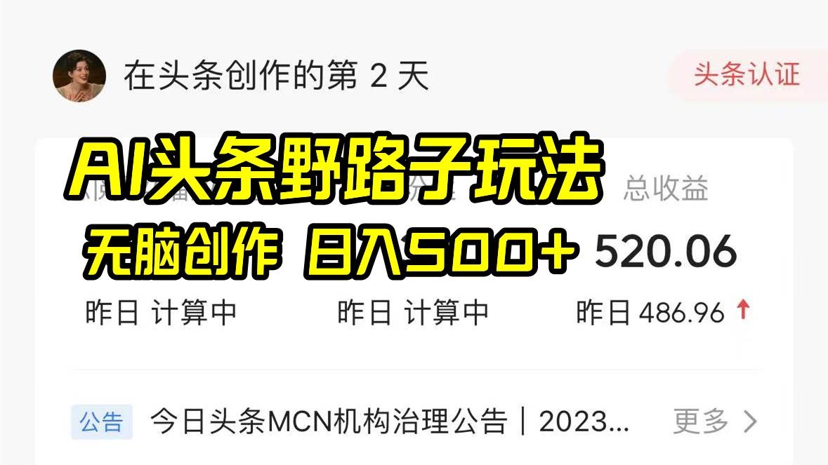 AI头条野路子玩法，无脑创作，日入500+-凤来社资源库