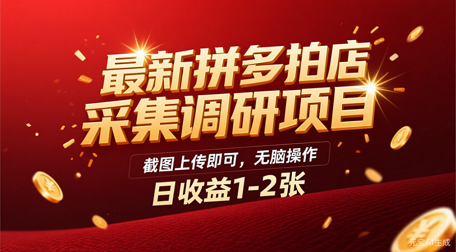 最新拼多多拍店采集调研项目，截图上传即可，无脑操作，日收益1-2张-凤来社资源库